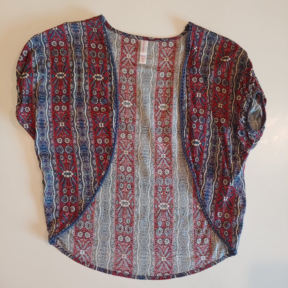 Xhilaration | Breezy Short Kimono Top Mini Pom Trim Navy Red Pattern|  XS